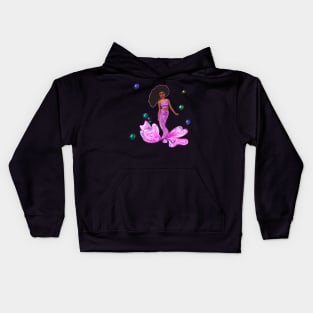 Coco the Magical rainbow mermaid with brown eyes, flowing Afro hair and caramel brown skin Kids Hoodie